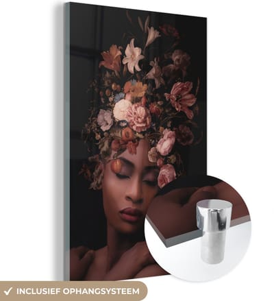 MuchoWow® Glasschilderij 40x60 cm - Schilderij acrylglas - Vrouwen - Bloemen - Zwart - Foto op glas - Schilderijen