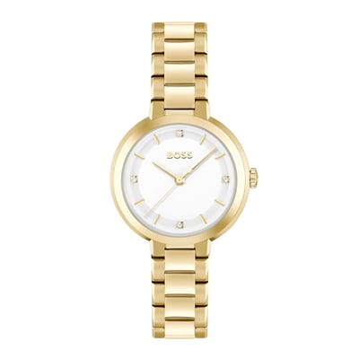 BOSS HB1502758 SENA Dames Horloge - Mineraalglas - Staal - Goudkleurig - 34 mm breed - Quartz - Vouw/Vlindersluiting - 3 ATM (spatwater)
