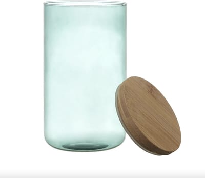 Glazen Voorraadpot 1 Liter met Bamboe Deksel – Ø 10 x 18,4 cm – Luchtdichte Opbergpot voor Keuken, Kruiden & Droge Ingrediënten – Blauw Accent