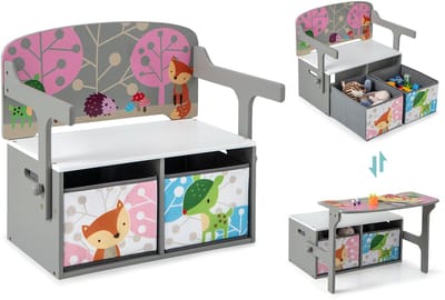 COSTWAY 3-in-1 kindertafel met zitbank, kinderzitgroep met 2 afneembare manden, kinderzitbank met opbergruimte, speelgoedkist met rugleuning, zitkist voor kinderkamer, grijs