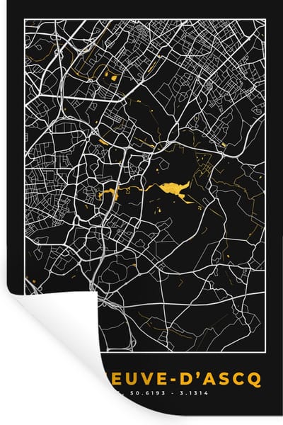 Muurstickers - Sticker Folie - Kaart – Stadskaart – Villeneuve-d'Ascq - Plattegrond – Frankrijk - 20x30 cm - Plakfolie - Muurstickers Kinderkamer - Zelfklevend Behang - Zelfklevend behangpapier - Stickerfolie