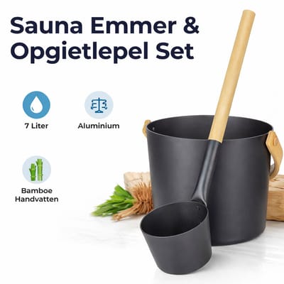 Stijlvolle Sauna Emmer & Opgietlepel Set – 7L – Aluminium & Bamboe – Luxe Sauna Accessoires – Opgietset met Lepel – Zwart