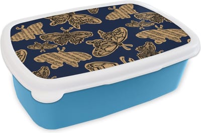 Broodtrommel Blauw - Lunchbox - Brooddoos - Patroon - Muziek - Vlinders - 18x12x6 cm - Kinderen - Jongen