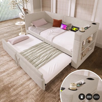 Wishdor Gestoffeerde Slaapbank 90x200 cm – Uitschuifbed – Verwisselbare Armleuningen – USB/Type-C en Bekerhouders – Katoen Linnen – Beige