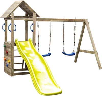 Houten Speeltoestel Maria (SwingKing) | Speeltoren met Glijbaan en Dubbele Schommel voor Buiten in de Tuin | FSC Hout - Glijbaan Geel