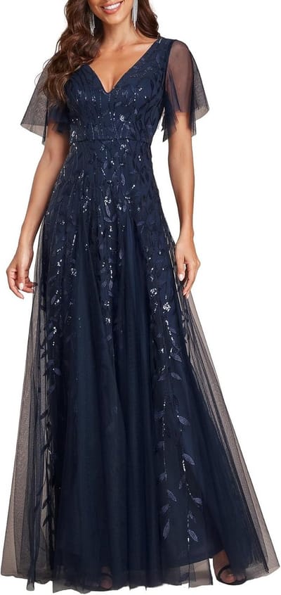 Elegante Avondjurk Dames V-Hals Kant Tule Pailletten Lange Ruches Formeel