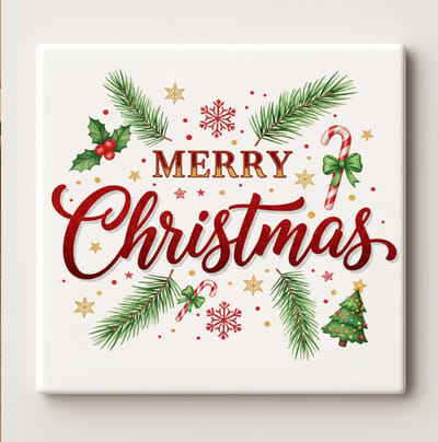 Vrolijk Kerstmis Decoratieve Tegel 15x15 cm – Feestelijk Ontwerp met Dennentakken & Zuurstok – Gezellige Kerst Wanddecoratie