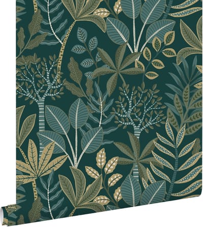 ESTAhome behang bladeren donkerblauw en groen - 50 x 900 cm - 139681