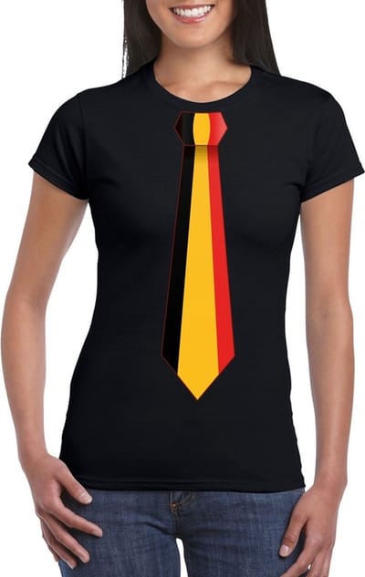 Zwart t-shirt met Belgie vlag stropdas dames - Belgie supporter S