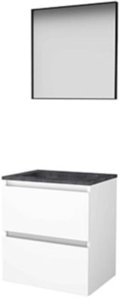 Basic-Line Framed 46 Badkamermeubelset - 60 x 46 cm - Greeploos - 2 Lades - Hardstenen Wastafel - Zonder Kraangat - Spiegel met Zwart Aluminium Frame - Ice White