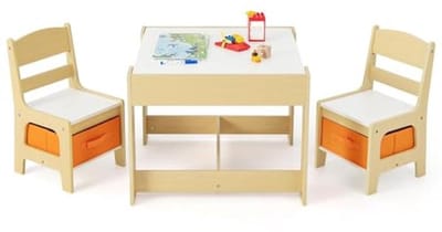 Kindertafel en stoelset 3-in-1 voor kinderen – Houten activiteitentafel met 2 stoelen en opberglade
