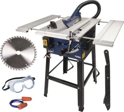 FERM - TSM1033 - Zaagtafel - 250mm - 1800W - Op - Onderstel - Uitschuifbaar aluminium werkblad - In hoogte en hoek verstelbaar zaagblad - Incl. - TCT T40 250mm zaagblad - Verstek geleider - Parallel geleider - Duwstok - Veiligheidsbril