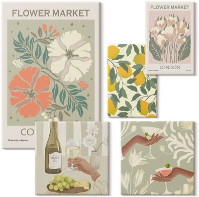 Wallfluent Set van canvas schilderijen - Vintage bloemenmarkten en fruitinspiraties Canvas Schilderijen Set - Set van 5 Canvas Schilderijen - Groente Set van Canvas Prints - Natuur Canvas Kunst Set - Boheemse Canvas Kunst Set