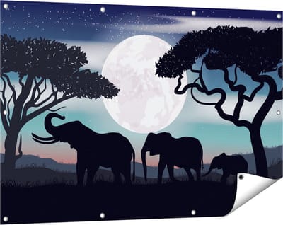 Gards Tuinposter Olifanten Silhouet tijdens Volle Maan - 120x80 cm - Tuindoek - Tuindecoratie - Wanddecoratie buiten - Tuinschilderij