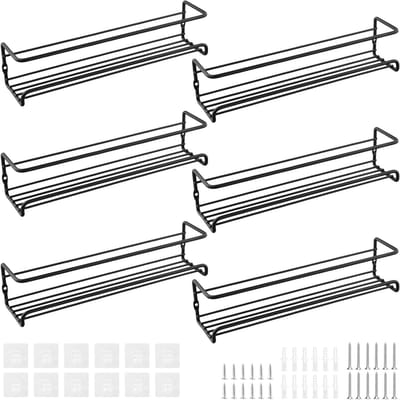 Zesdelige Kruidrek Organizer, Zwarte Wandgemonteerde Kruidenshelves met Plakhaak en Schroefuitbreiding voor Keuken Kruidopslag en Organisatie
