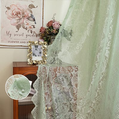 Qelus Vintage Vitrage met Bloemen - Set Van 2 - Kanten Gordijnen Kant en Klaar - Tunnelzoom - Lichtdoorlatend Brocante Stijl - 140x213cm - Mintgroen