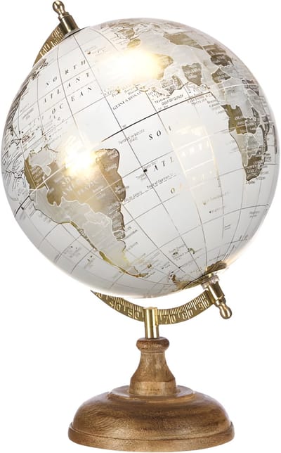 Arte R Decoratie Wereldbol / globe - wit - houten voet - D21 x H31 cm - landen topografie