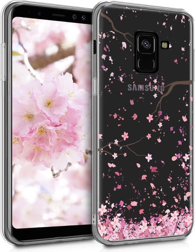 kwmobile telefoonhoesje geschikt voor Samsung Galaxy A8 (2018) - Hoesje voor smartphone in poederroze / donkerbruin / transparant - Kersenbloesembladeren design