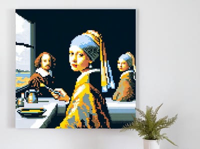 Pixel art vermeer schilderij | Vermeer's Verbluffend Verfijnde Pixelkunst: Een hedendaags meesterwerkIntoConstraintsvan pixels | Kunst - 80x80 centimeter op Forex | Foto op Forex