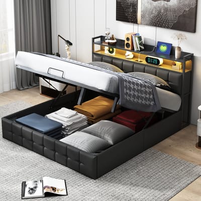 Gestoffeerd bed 160 x 200 cm met LED-hoofdbord, tweepersoonsbed met USB-aansluiting en lattenbodem, hydraulische opbergruimte en metalen frame, kinderbed, PU-kunstleer, zwart (matras niet inbegrepen)