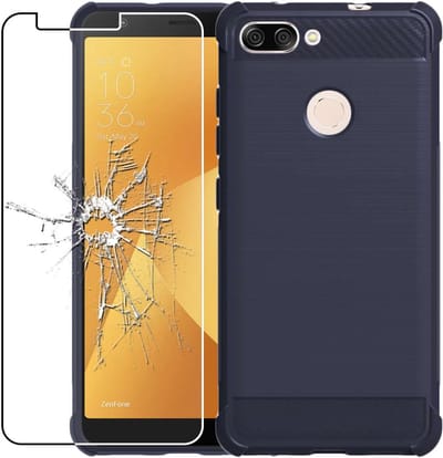 ebestStar - Hoes geschikt voor Asus Zenfone Max Plus M1 ZB570TL, TPU Bescherming Cover, Koolstof Design Hoesje, Donkerblauw + Gehard Glas