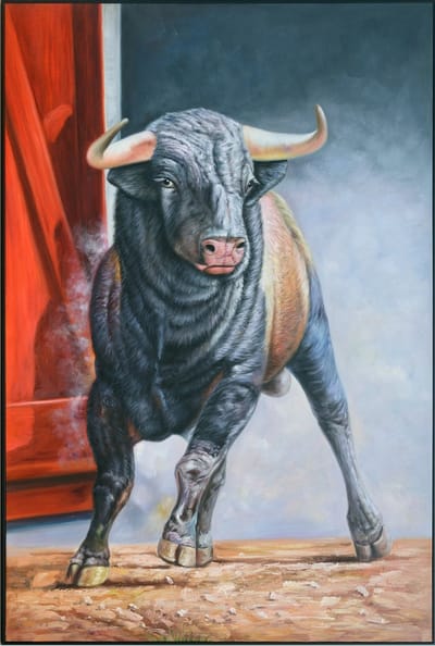 Fine Asianliving Olieverf Schilderij 100% Handgeschilderd 3D met Reliëf Effect en Zwarte Omlijsting 100x150cm Stier