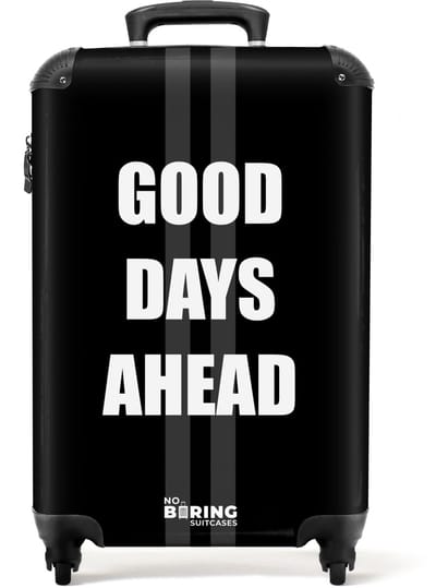 NoBoringSuitcases.com® - Handbagage koffer lichtgewicht - Reiskoffer trolley - Zwart met grijs en tekst Good Days Ahead - Rolkoffer met wieltjes - Travel suitcase cabin - Reistrolley met TSA slot - Past binnen 55x40x20 en 55x35x25 - Kleine valiezen