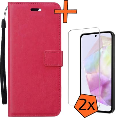 Hoes - Met 2x Screenprotector - Geschikt voor Samsung Galaxy A35 - Luxe Pasjeshouder - Bookcase Portemonee - Flip Case - Kunstleer Book Case - Flipcase Hoes - Book Cover - Walletcase - PortemonneeHoes - Donkerroze