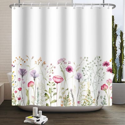 Waterdicht Douchegordijn Natuurlijk Bloemen Wilde Bloemen Vlinders Aquarel Patroon Badkamer Decoratie Spatbestendig Badgordijn W60H190(CM)-1 Pcs white