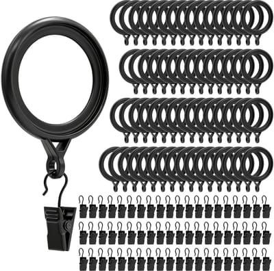 Gordijnringen met clips, zwarte gordijnringen met clips, binnendiameter 35 mm, kunststof gordijnringen en metalen gordijnklemmen voor stang, raam, deur, douchegordijn, waslijn