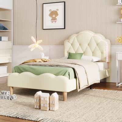 Wishdor – Gestoffeerd Eenpersoonsbed 90x200 cm – Golvend Hoofdbord met Knopen – Kleurwisselende LED – Stijlvol & Sfeervol – PU – Beige