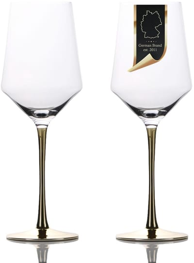 Intirilife 2x Wijnglas met goudkleurige steel - 380 ml inhoud - rode wijn wit Wijnglas bokaal kristalglas schokbestendig