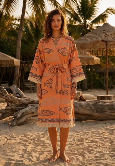 Kimono Dames Sauna & Wellness - Koraal Badjas - Visjes