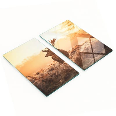 Set glazen snijplanken voor in de keuken, zonsopgang boven de herten, 2x30x52 cm