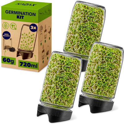 KADAX spruitglazen 720 ml, set van 3, kweekglazen met zeefdeksel Ø 82 mm, spruitkweekset, kweekglazen voor broccolisputen, kwekset, incl. radijszaden