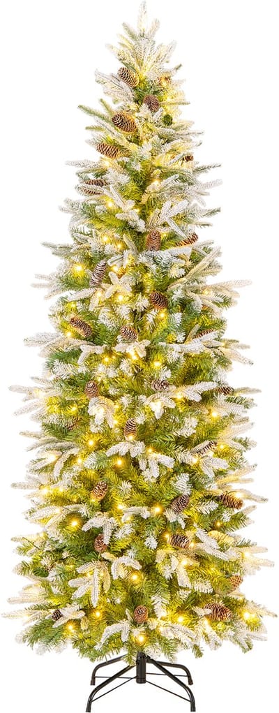 COSTWAY Kunstkerstboom van 190 cm met verlichting en sneeuw, potlood dennenboom met 280 warmwitte ledlampen en 60 dennenappels, smalle kerstboom voor thuis