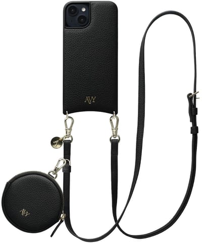 AVY Leren Hoesje geschikt voor Apple iPhone 15 | Met Koord en Mini Telefoontasje | Compatibel met MagSafe | Leather Case met 130CM Koord & Pouch | Long Leather | Zwart