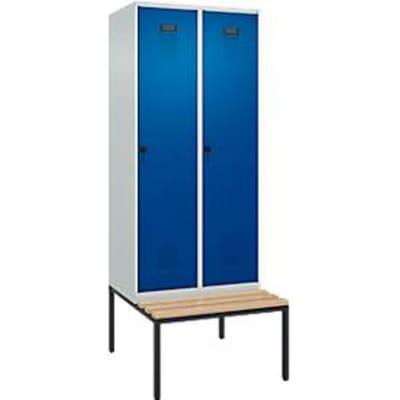 C+P Evolo Plus garderobekast, 2 vakken, 400 mm vakbreedte, met bank eronder, B 800 x D 815 x H 2120 mm, draaigrendel, lichtgrijs/gentiaanblauw