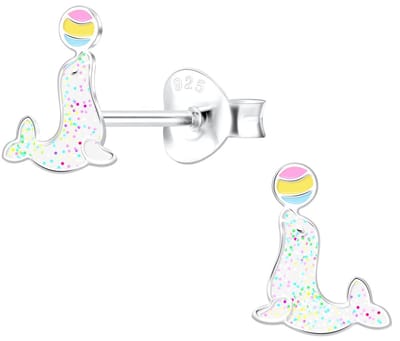 Joy|S - Zilveren zeehond oorbellen - 6 x 8 mm - glitter wit