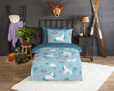 Good Morning dekbedovertrek eenhoorns en regenbogen - 1 persoons 140x200/220 cm - Blauw - 100% Katoen flanel
