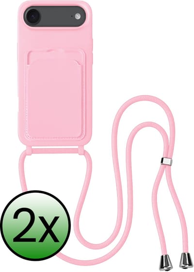 Hoes Geschikt voor iPhone Air Hoesje Pas Houder Case Hoes Met Koord - Hoesje Geschikt voor iPhone Air Hoes Met Telefoonkoord Pasjeshouder Cover - Lichtroze - 2 Stuks