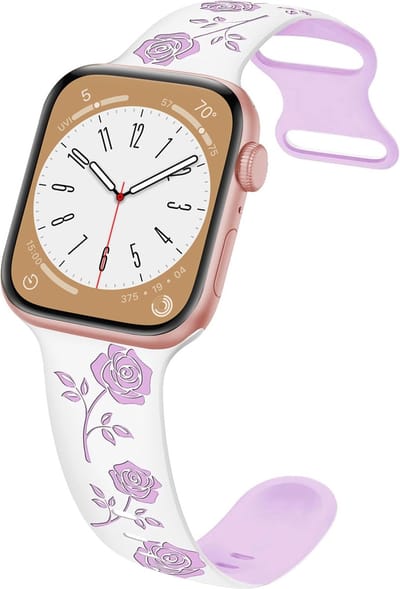 By Qubix - Geschikt voor Apple Watch bandje - Siliconen bandje met rozen - Wit / paars - Geschikt voor Apple Watch 44mm / 45mm / 46mm / 49mm (Ultra 1,2 en 3) - Smartwatch bandje
