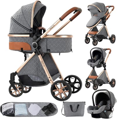 Brandistry - 3 in 1 kinderwagen - Kinderwagen - Maxi Cosi - Wandelwagen - Lichtgewicht - Regenhoes - Met Patroon - Grijs