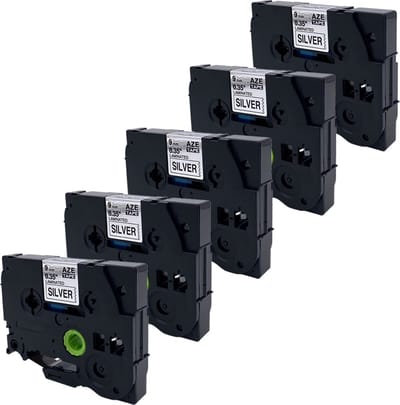 DULA Brother Compatible label tape- Tze-921 - 5 cassettes - Brother P-Touch - Zwart op zilver - 9mm x 8m
