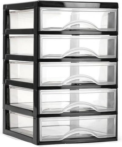 Plasticforte Ladeblokje/bureau organizer 5x lades - zwart/transparant - L18xB21xH28 cm - plastic