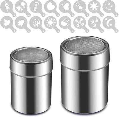 Dailygoods - Poedersuiker en Cacao Shaker Set - Roestvrijstalen Shakers met 16 Latte Art Sjablonen