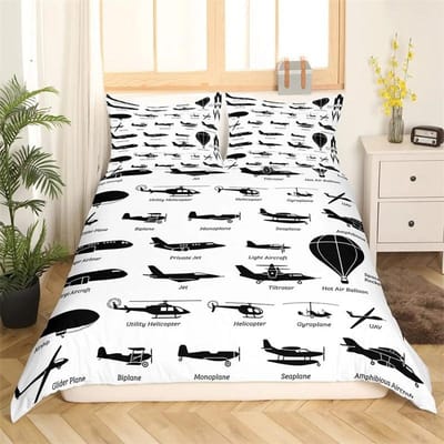 Vliegtuig Dekbedovertrek Vliegtuigen Vliegen in de Lucht Luchtvaart Luchthaven Helikopters en Jets Cartoon Stijl Kamer Decoratief voor Jongens Meisjes Cadeau 173x218cm 2pcs