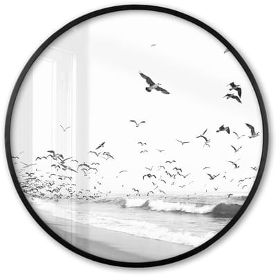 Poster in lijst Rond - Fotolijst 60x60 cm - Posters - Strand - Zee - Golven - Vogels - Natuur - Ronde posterlijst zwart - Decoratie - Wanddecoratie woonkamer - Muurdecoratie slaapkamer
