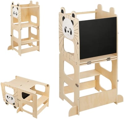 Geargalaxy 3-in-1 Leerstoel - Keukenhulpje - Kinderkruk - Kindertafel met Stoel - Inklapbaar Keukenhulp - Met Bureau en Krijtbord