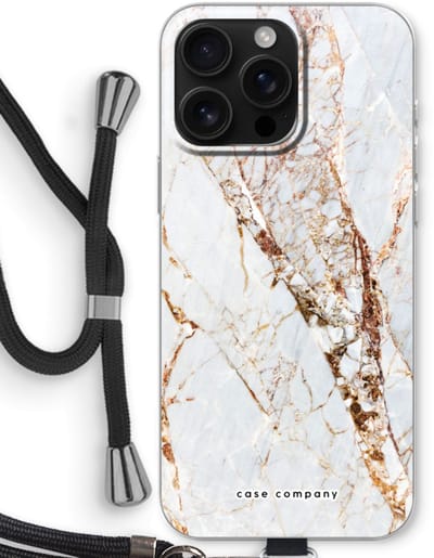 Case Company® - Hoesje met koord geschikt voor iPhone 16 Pro Max hoesje met Koord - Goud marmer - Telefoonhoesje met Zwart Koord - Bescherming aan alle Kanten en Over de Schermrand